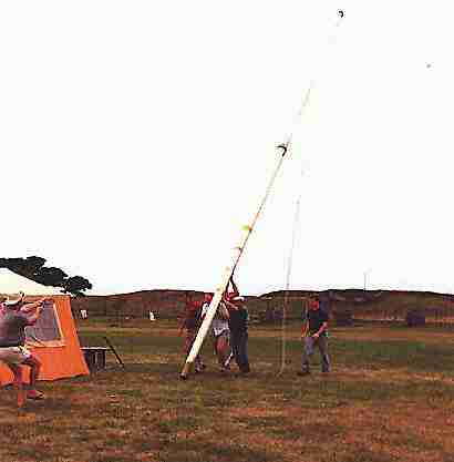 Setting up the pole to hold the inverted "V" antennas for 80m & 40m bands